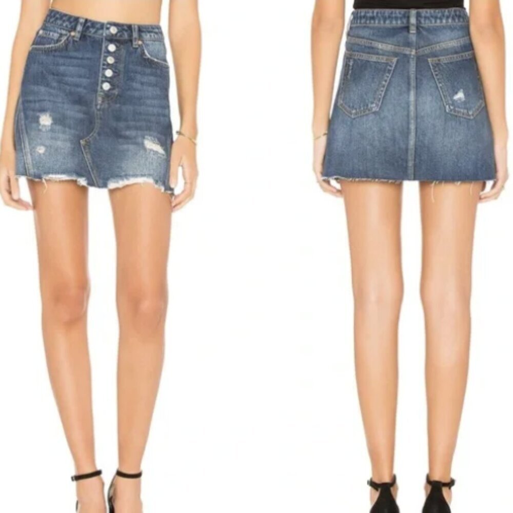 Free People distressed button fly a line mini denim skirt size 30 waist EUC